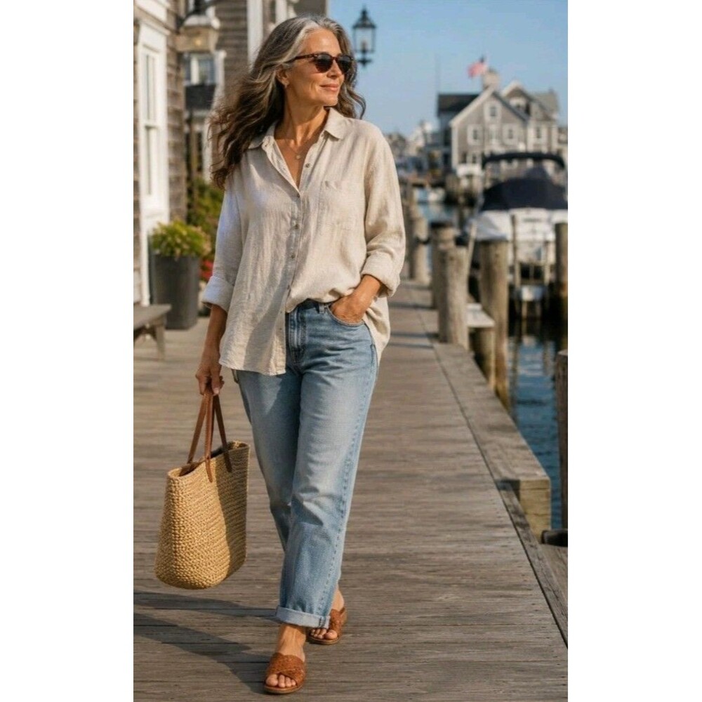 Athleta 100% Linen Button Front Shirt XL Oatmeal Womens Long Sleeve Oversized